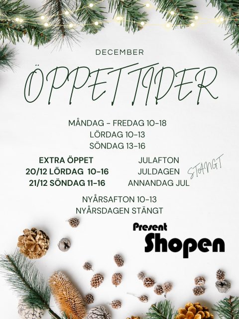 Decembers Öppettider för Presentshopen och Skoshopen ✨🌲

Varmt Välkommen till oss 🎁❤️