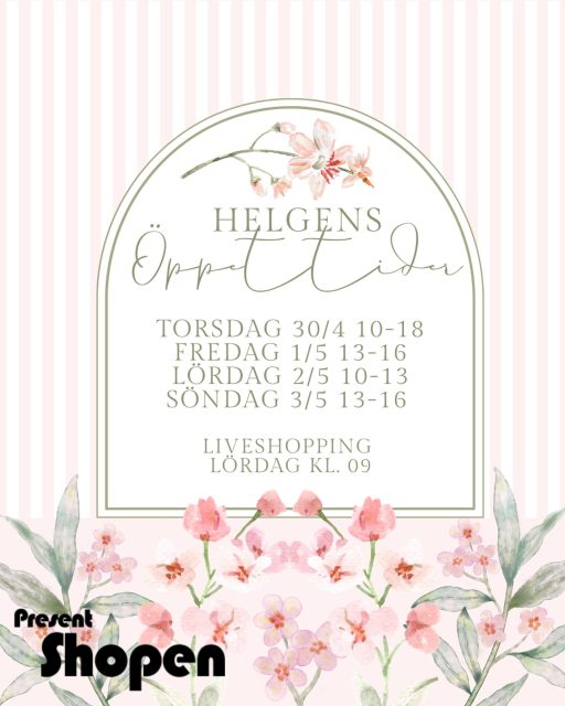 Våren är här och så också lite röda dagar! 🌸

Vi har öppet hela helgen, men en lite kortare dag på Fredag 1a Maj, då är butikerna öppna 13-16 🛍️

Och missa inte Lördagens Liveshopping med Michaela och Nora på Lördag klockan 09.00 här på Instagram och Facebook 🤗

#presentshopenkinnarp #skoshopenkinnarp