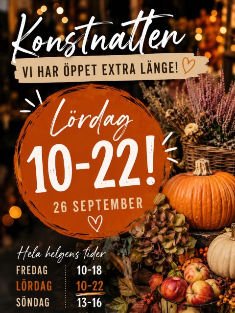 Konstnatten här på Falbygden närmar sig och vi har såklart även i år öppet extra länge på Lördagen 😍🍂

Så välkommen till Kinnarp om det så är för ett snabbt stopp i den planerade (eller oplanerade) rutten, en riktig shoppingutflykt där man kan ta sig all tid man behöver för att kika igenom hela butiken eller bara om du råkar åka förbi och hoppar in🤗

Vi har öppet 10-22 Lördagen den 26 September 🍂✨🛍️